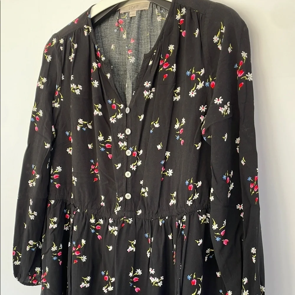 LOFT Black Casual Floral Side Tie Sundress Long Sleeves Medium Petite